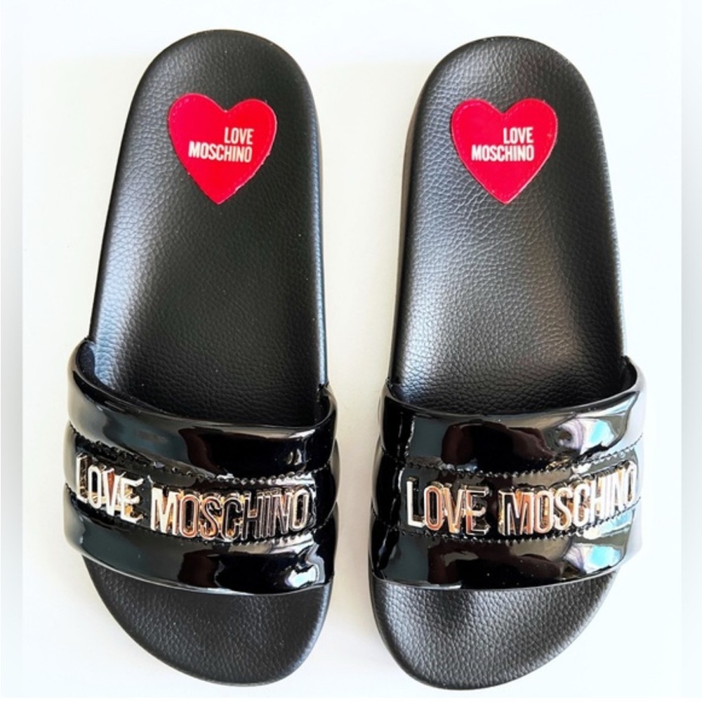 Love Moschino Black Slides with Red Heart